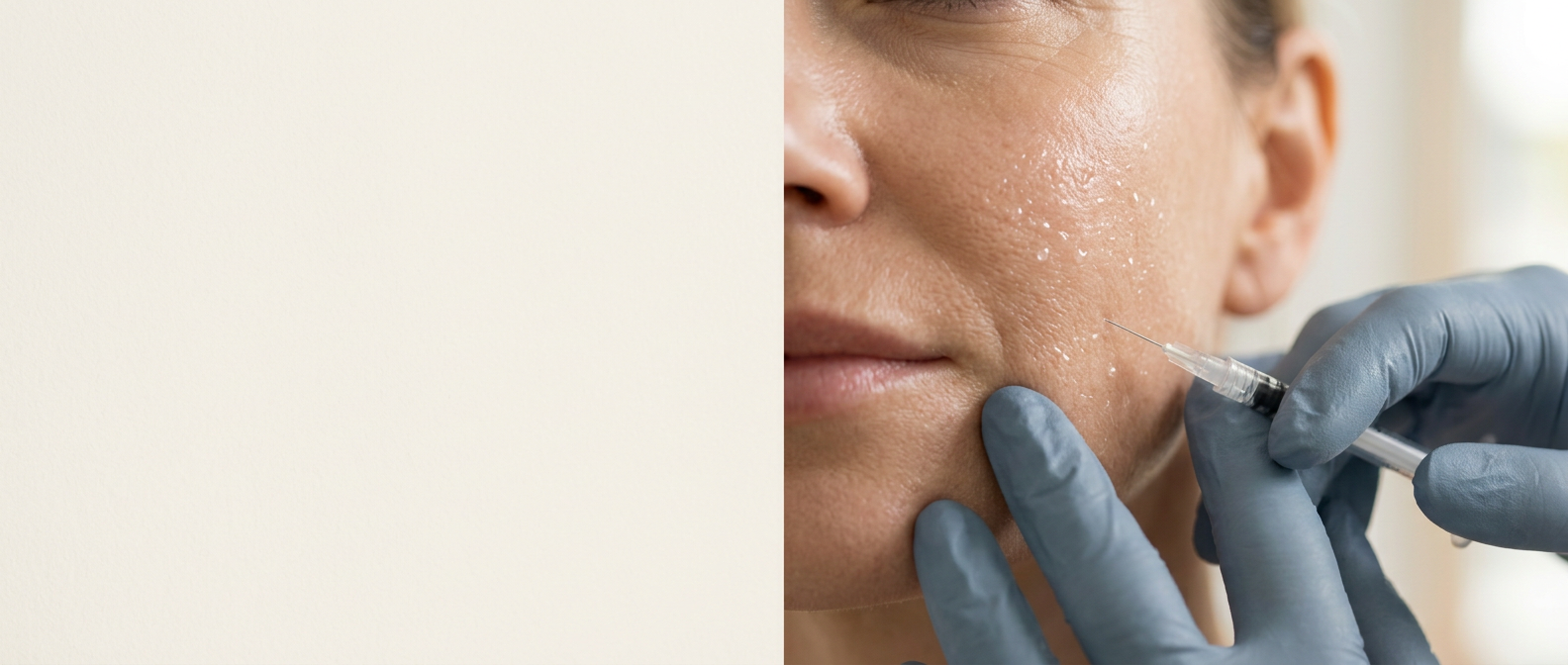 Feine Skinbooster-Injektion in die strahlende Wangenhaut einer Frau
