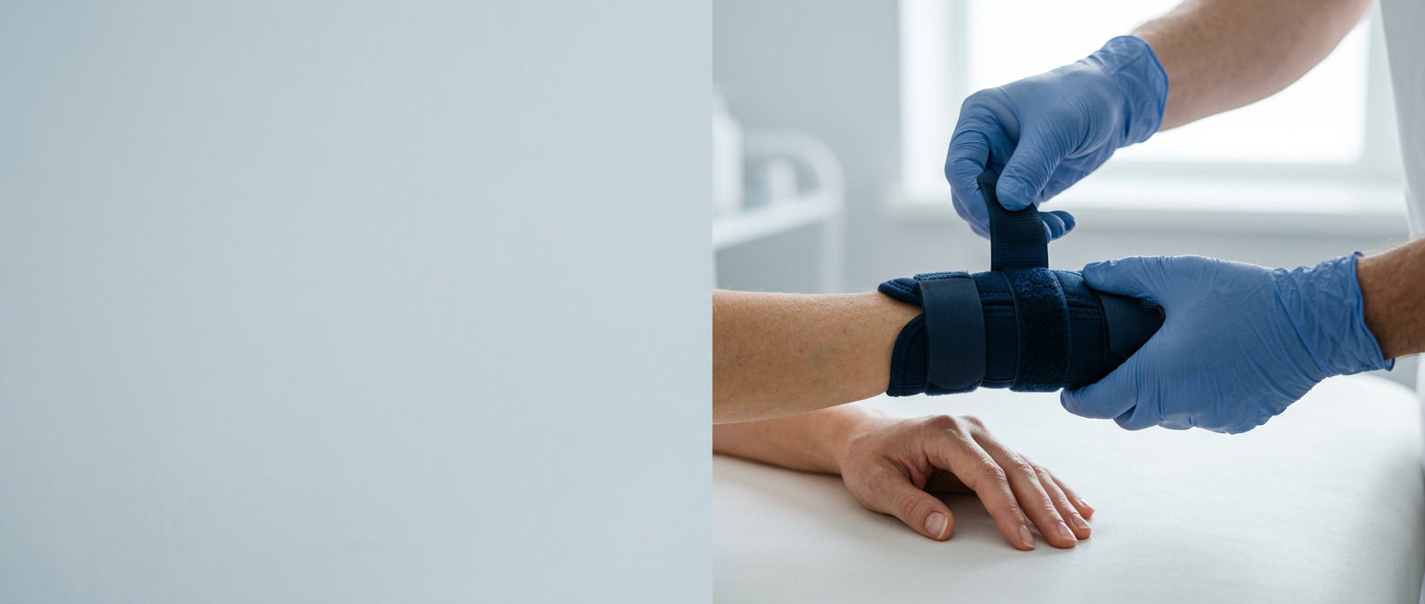 Behandschuhte Hände legen eine Schiene am Handgelenk einer Frau an